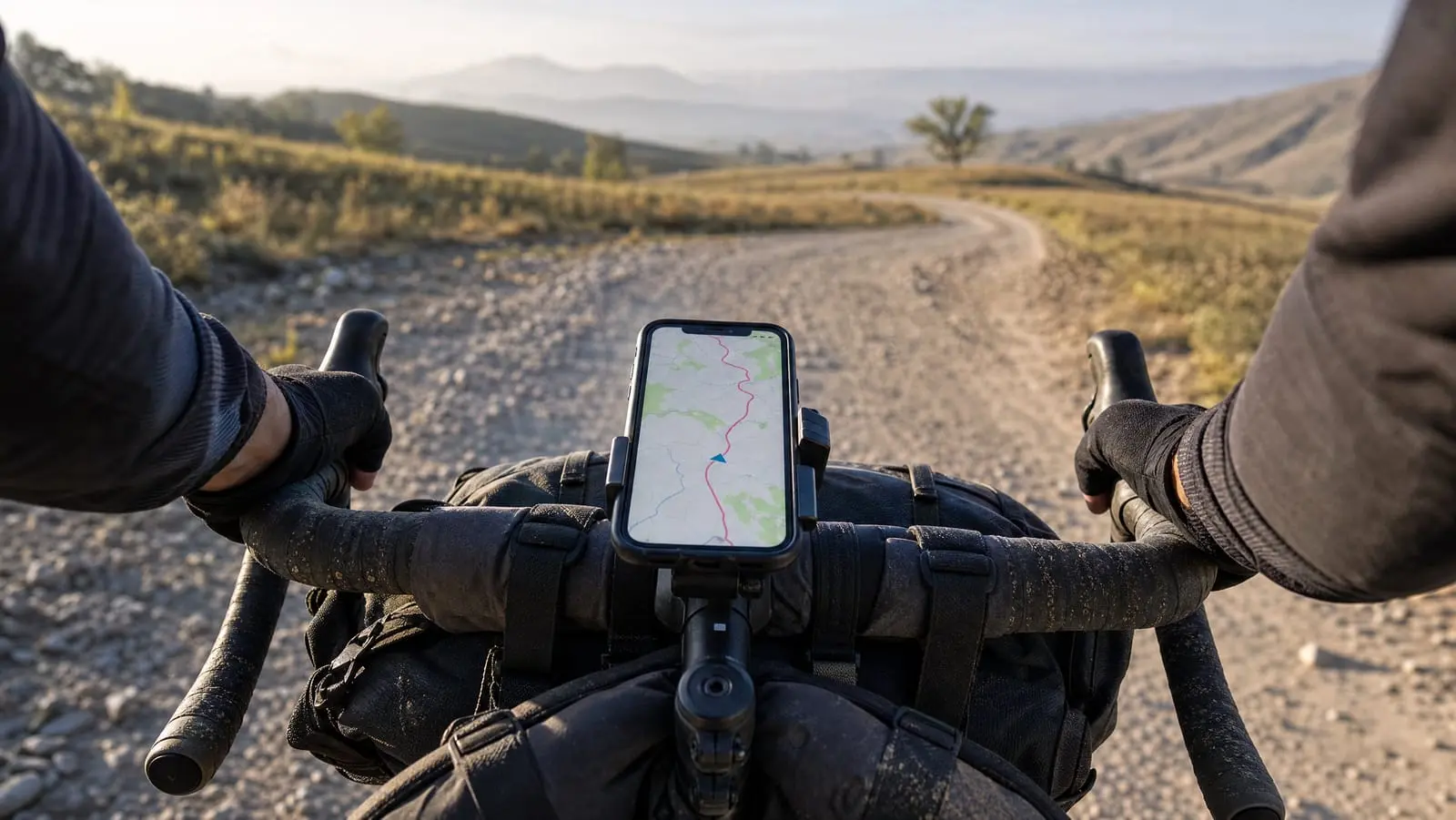 A smartphone in an out-front handlebar mount showing a route line on a map, with a gravel road curving away ahead of a loaded bikepacking bike
