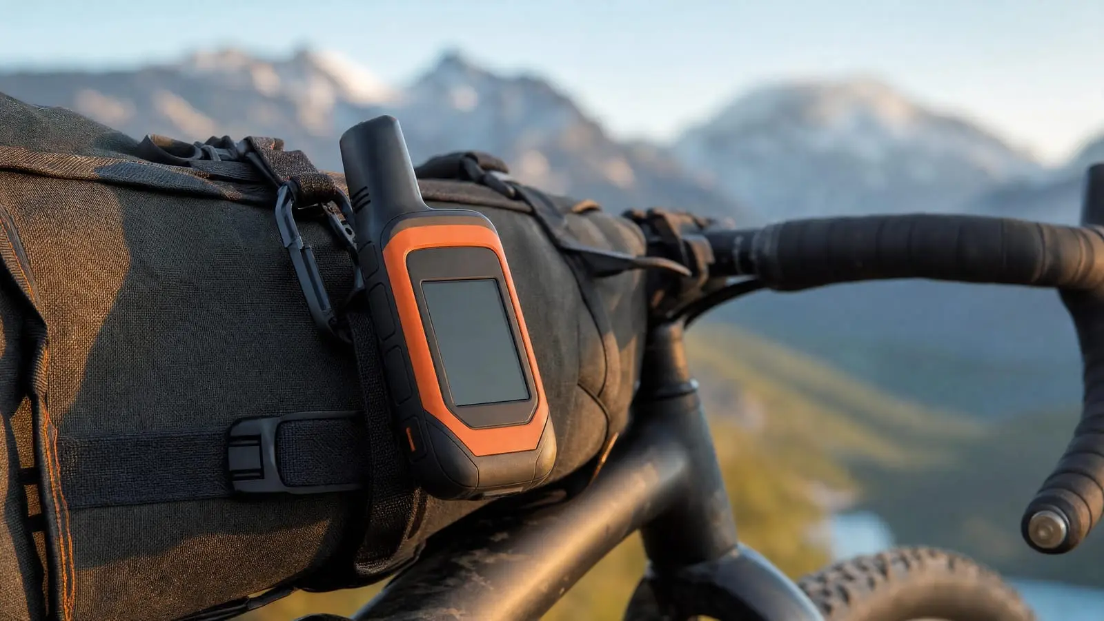 Compact satellite messenger clipped to a bikepacking handlebar bag with mountains behind