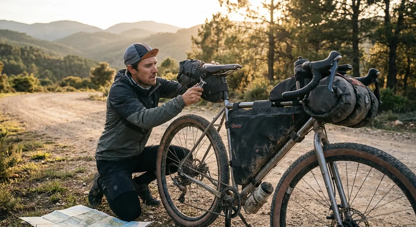 Bikepacker adjusting bike fit on a fully loaded touring bike with frame bags and gear