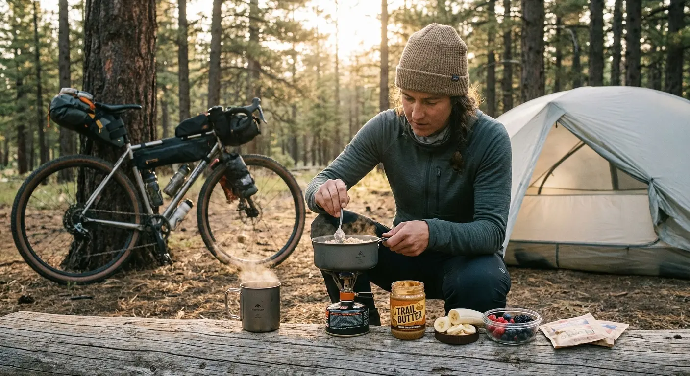 Bikepacker preparing oatmeal breakfast at camp with coffee, fruit, and bike visible in morning light