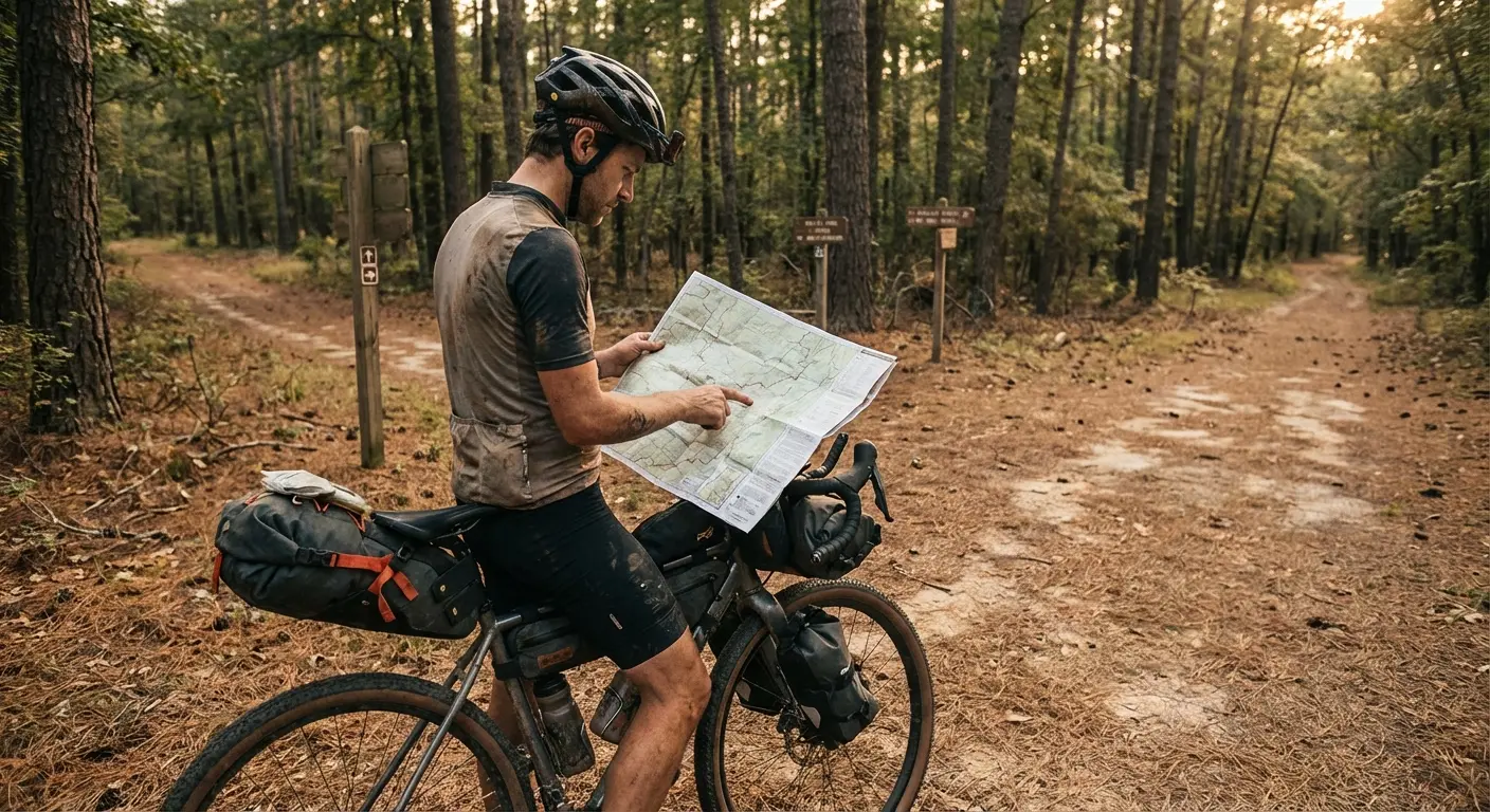 Bikepacker studying a map at a trail junction with multiple path options