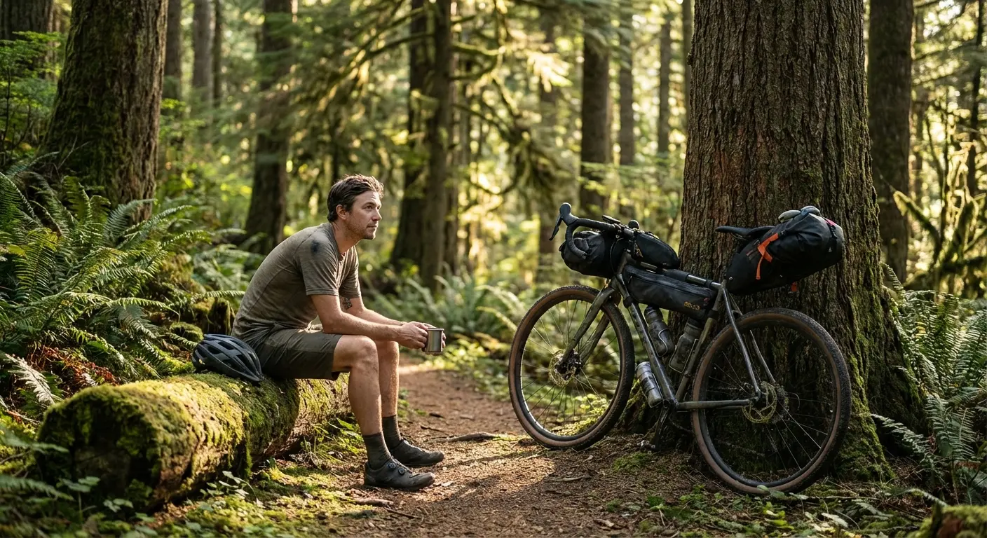 Bikepacker taking a calming moment on a forest trail, bike leaning against a tree