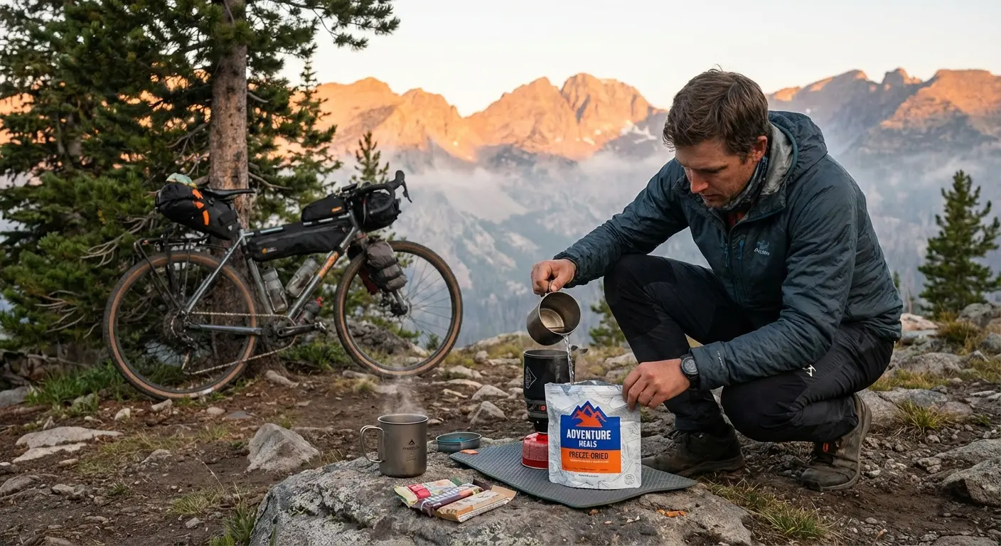 Bikepacker preparing a trail meal with freeze-dried food and hot coffee at a scenic mountain campsite