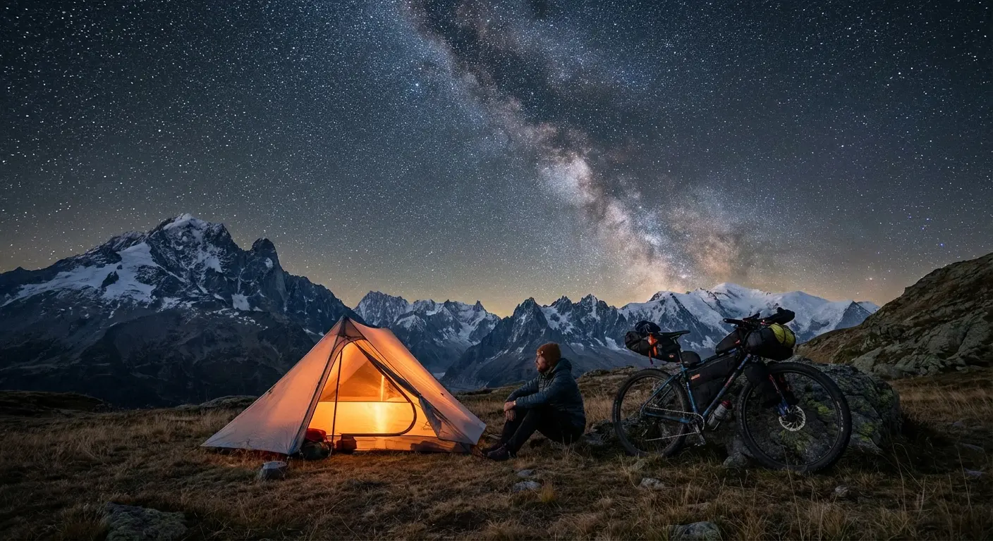 Solo bikepacker camping alone under a vast starry sky, small tent illuminated by warm light
