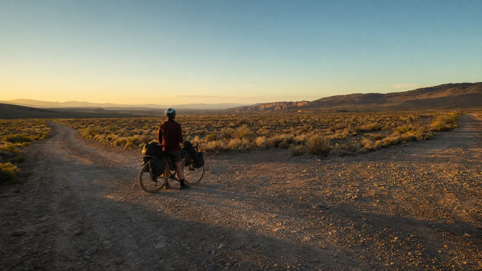 A lone bikepacker stopped beside a loaded bike at an unmarked three-way dirt road junction in open rangeland, deciding which branch to take in low evening light