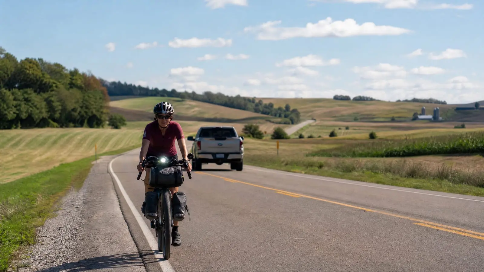 Cyclist on a loaded bikepacking bike riding the shoulder of a rural two-lane highway with a daytime running light as a truck passes at a safe distance