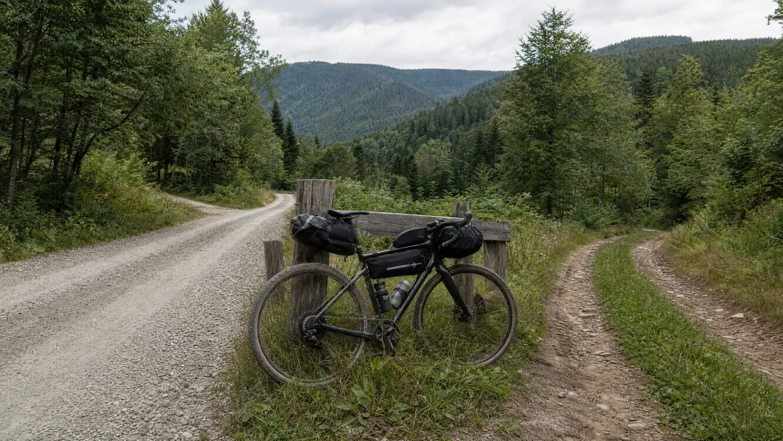 A loaded bikepacking gravel bike leaning against a fence post where a smooth graded gravel road forks away from a rough grassy two-track running into the trees