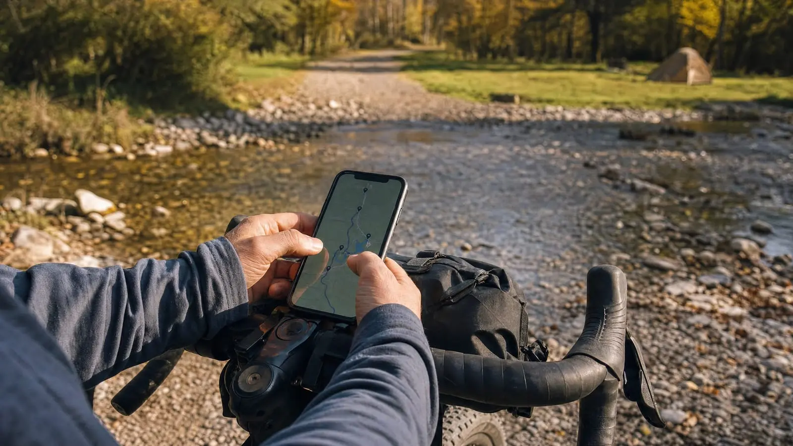 A bikepacker checking a phone map dotted with waypoint pins, resting it on a handlebar bag, with a shallow creek crossing a gravel road and a grassy clearing behind
