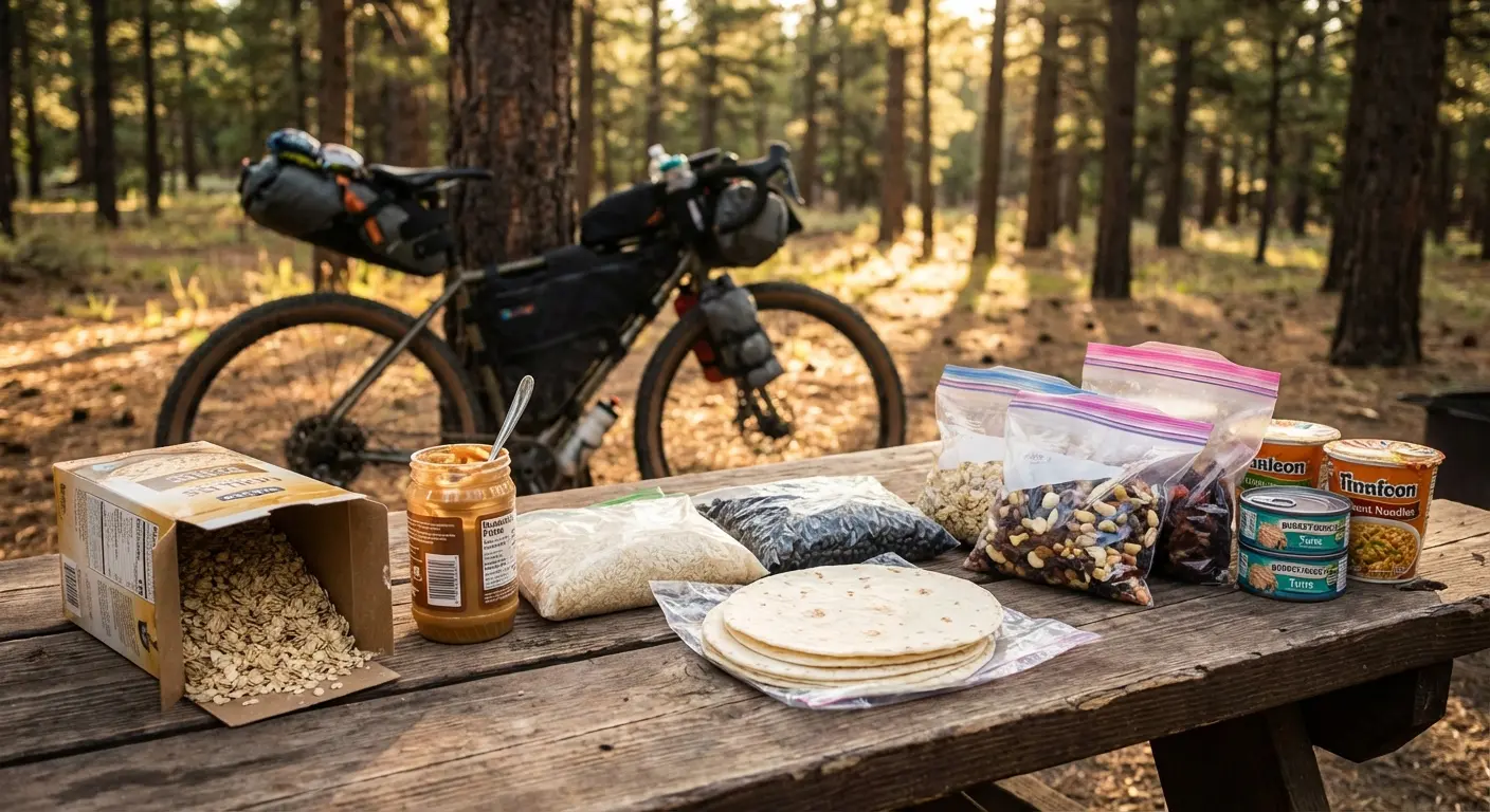 Affordable bikepacking food spread including oatmeal, peanut butter, rice, beans, and tortillas on a campsite picnic table
