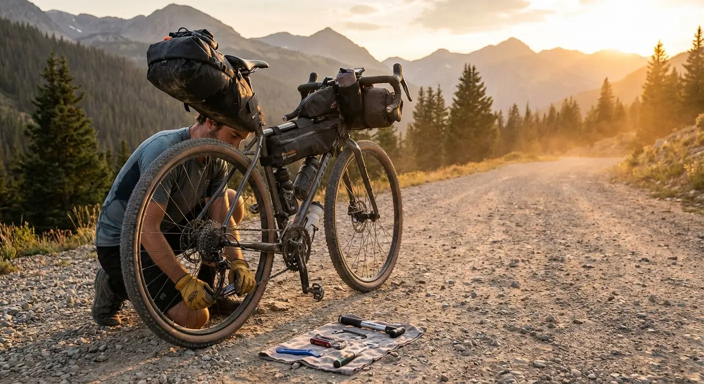 Bikepacker performing trailside maintenance on their loaded touring bike in a scenic mountain setting