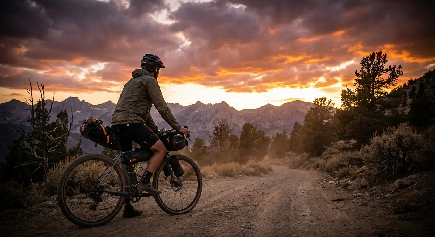 Solo bikepacker pausing on a remote mountain pass at golden hour, looking contemplatively at the road ahead