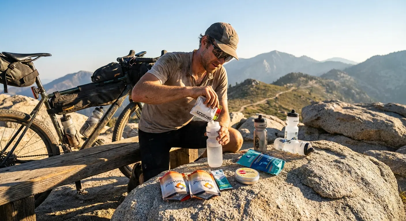 Bikepacker mixing electrolyte drink at a mountain rest stop with water bottles and supplement packets visible