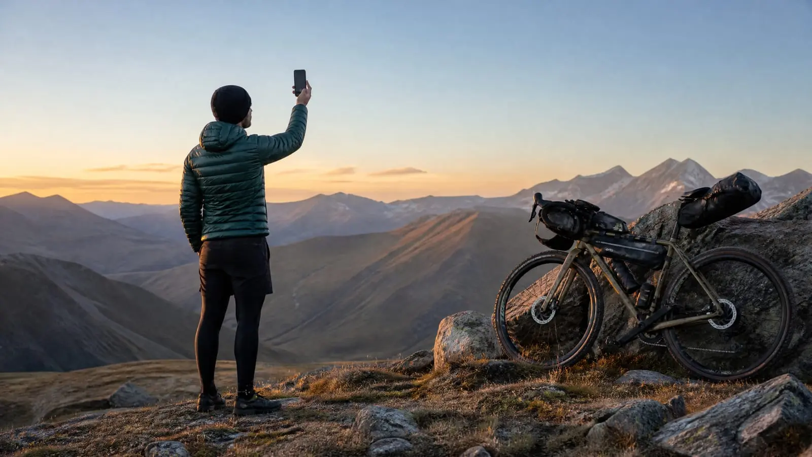 Bikepacker holding a smartphone toward the open sky on a remote mountain ridge, searching for satellite signal beside a loaded bike