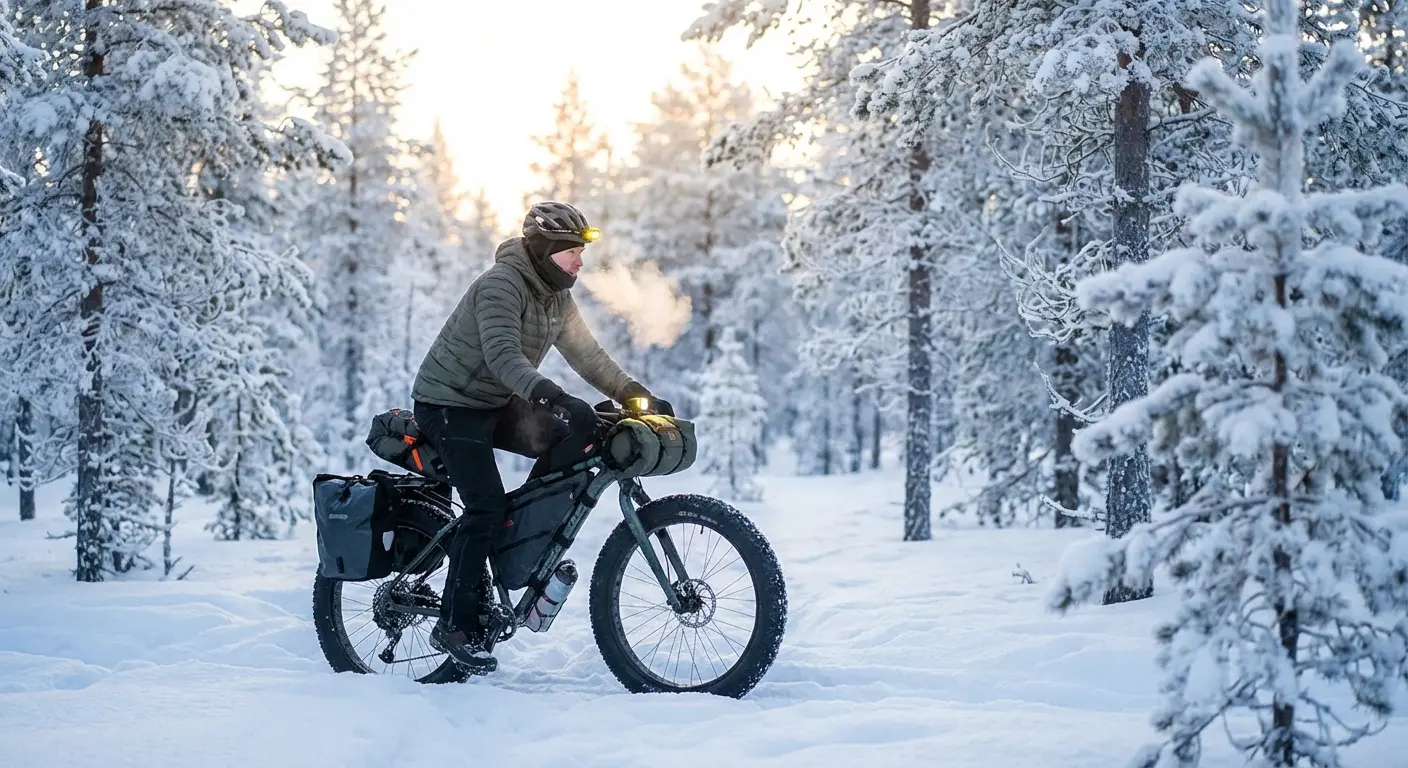 Fat bike loaded with bikepacking gear on snowy trail at sunrise