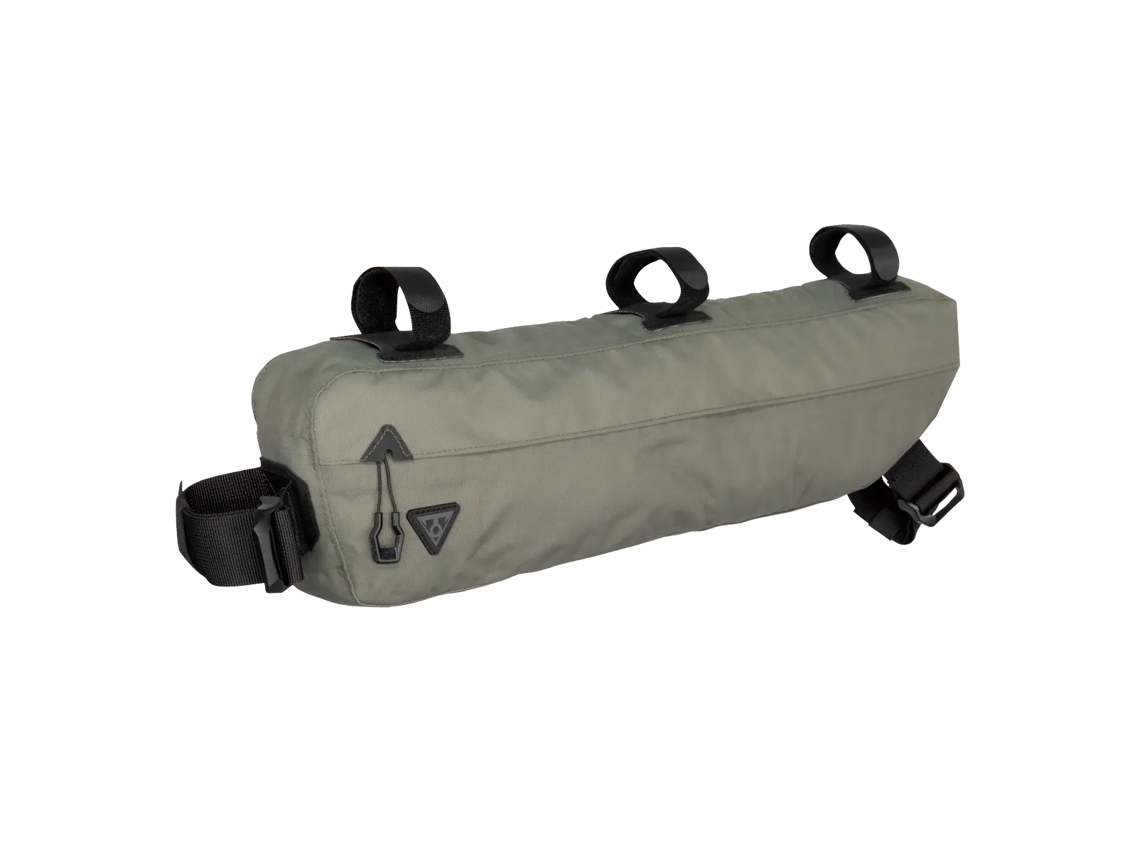 Topeak Midloader 4.5L frame bag in olive green on rustic wood surface